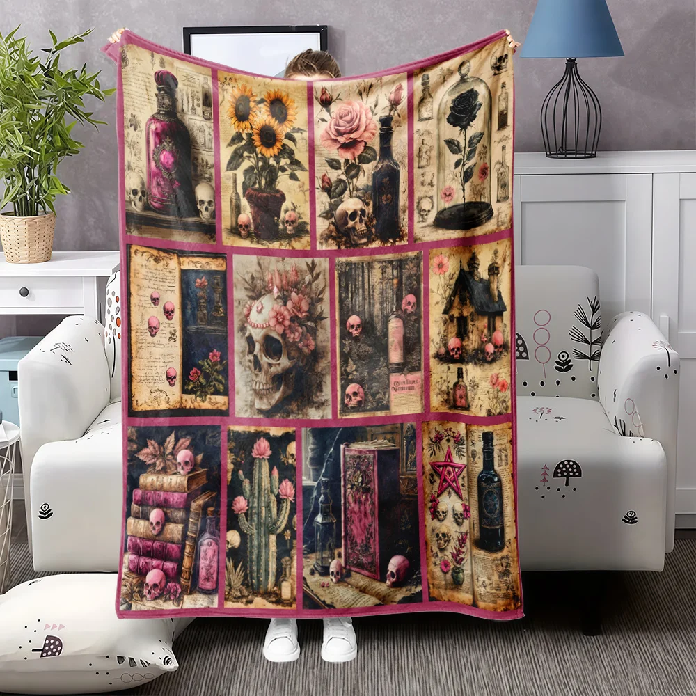 Vibrant Colorful Flame Skull Throw Blanket  Neon Fire Skeleton Dark Gothic Art Decor for Sofa Bedroom Blanket