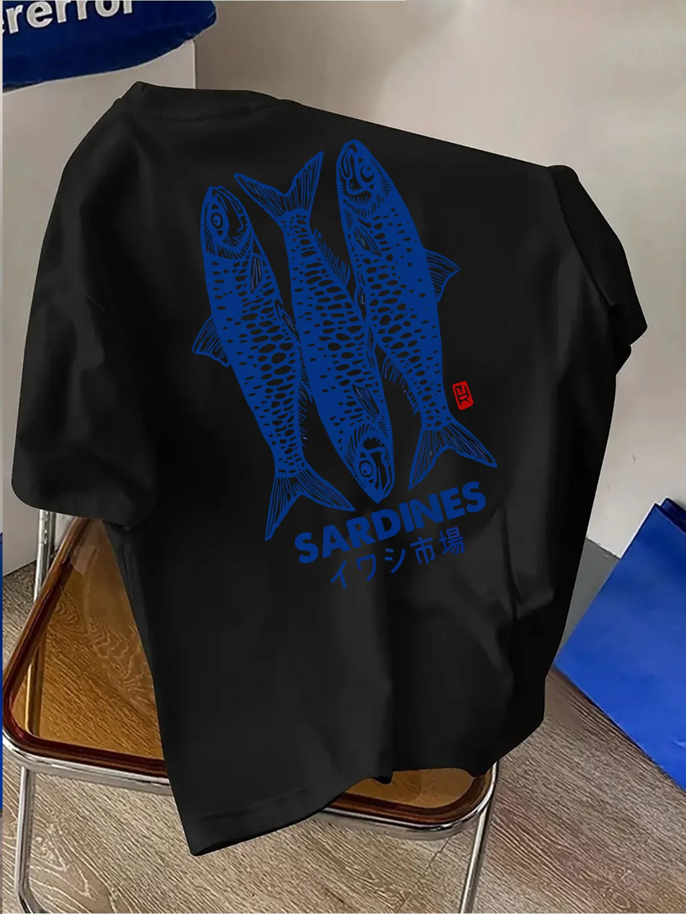 Japanese Sardines Market Graphic T-Shirt Vintage Harajuku Style White Short Sleeve Tee Casual Loose Fit Summer Streetwear Top