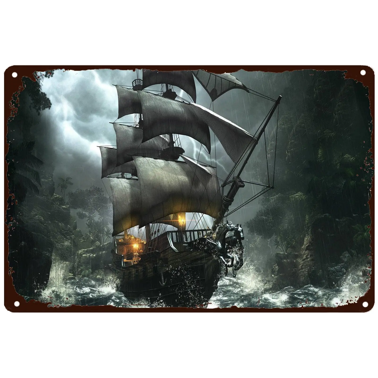 Pirate Ship Antique Tin Sign A Ship Sailing in a Stormy Ocean Funny Novelty Metal Retro Wall Decor for Home Bar Pub Club Beach