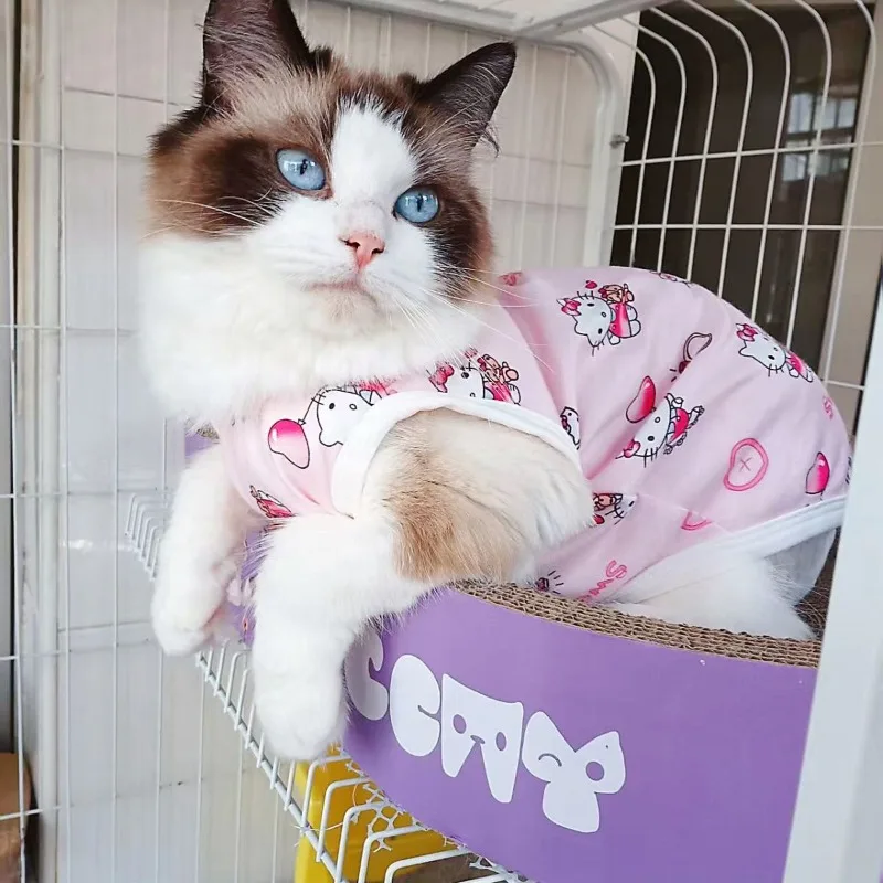 ملابس لطيفة للقطط الأليفة هالو كيتي، رسوم متحركة لطيفة، سترة ناعمة ومريحة مضادة للتساقط، طباعة وردية جديدة كاواي، هدية العيد #2