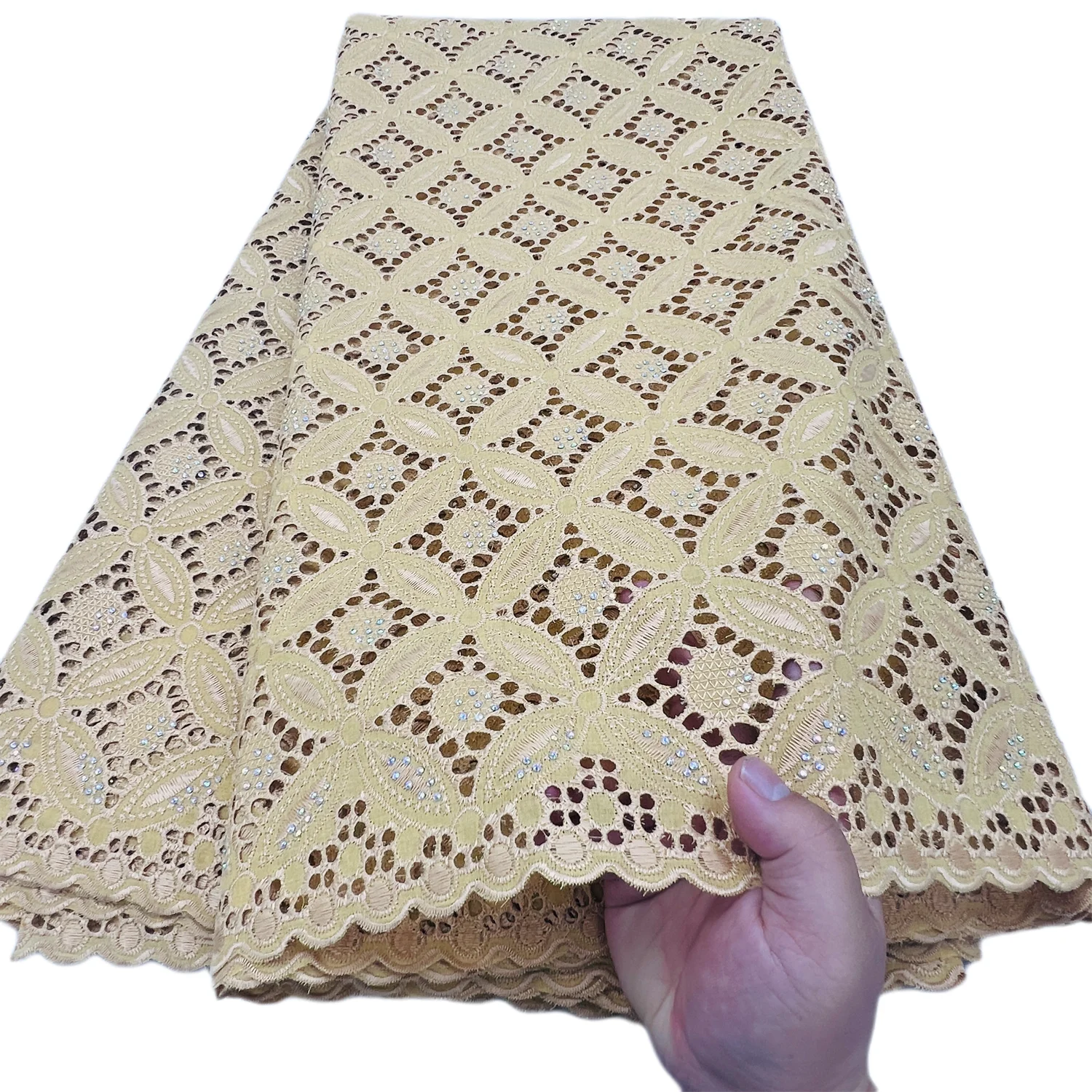 Circle Style Hollow Out High Quality Swiss Voile Lace In Switzerland 100% Cotton Stones Dress Lace Fabric For Wedding Dresses SS