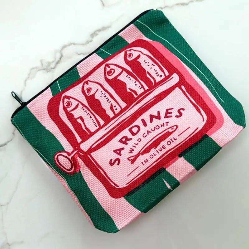 

Lightweight & Durable Linen Unisex Makeup Bag Vintage Sardines Olive Oil Design Cosmetic Organizer For Women Change Purse