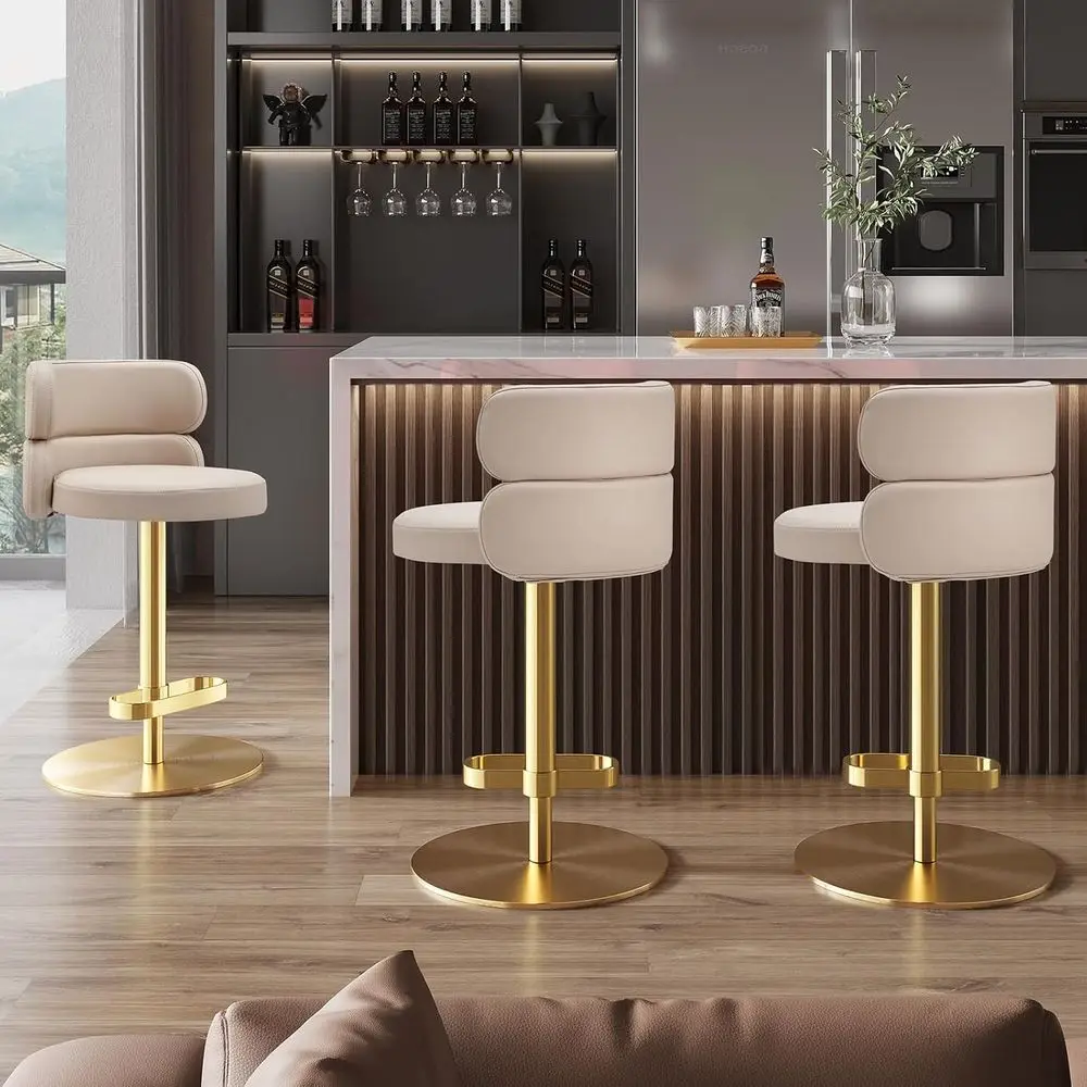 

Adjustable Swivel Bar Stool with Padded Back, Airlift Counter Height, Hydraulic Chair, Gold Chrome Base, Khaki Seat