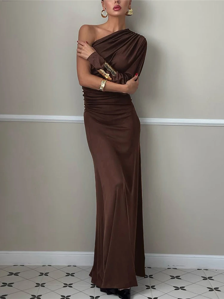 Nibber Mode Ruches Elegante Maxi Jurk Vrouwen Skew Kraag Een Schouder Skinny Hoge Stretch Midnight Prom Party Klassieke Vestidos