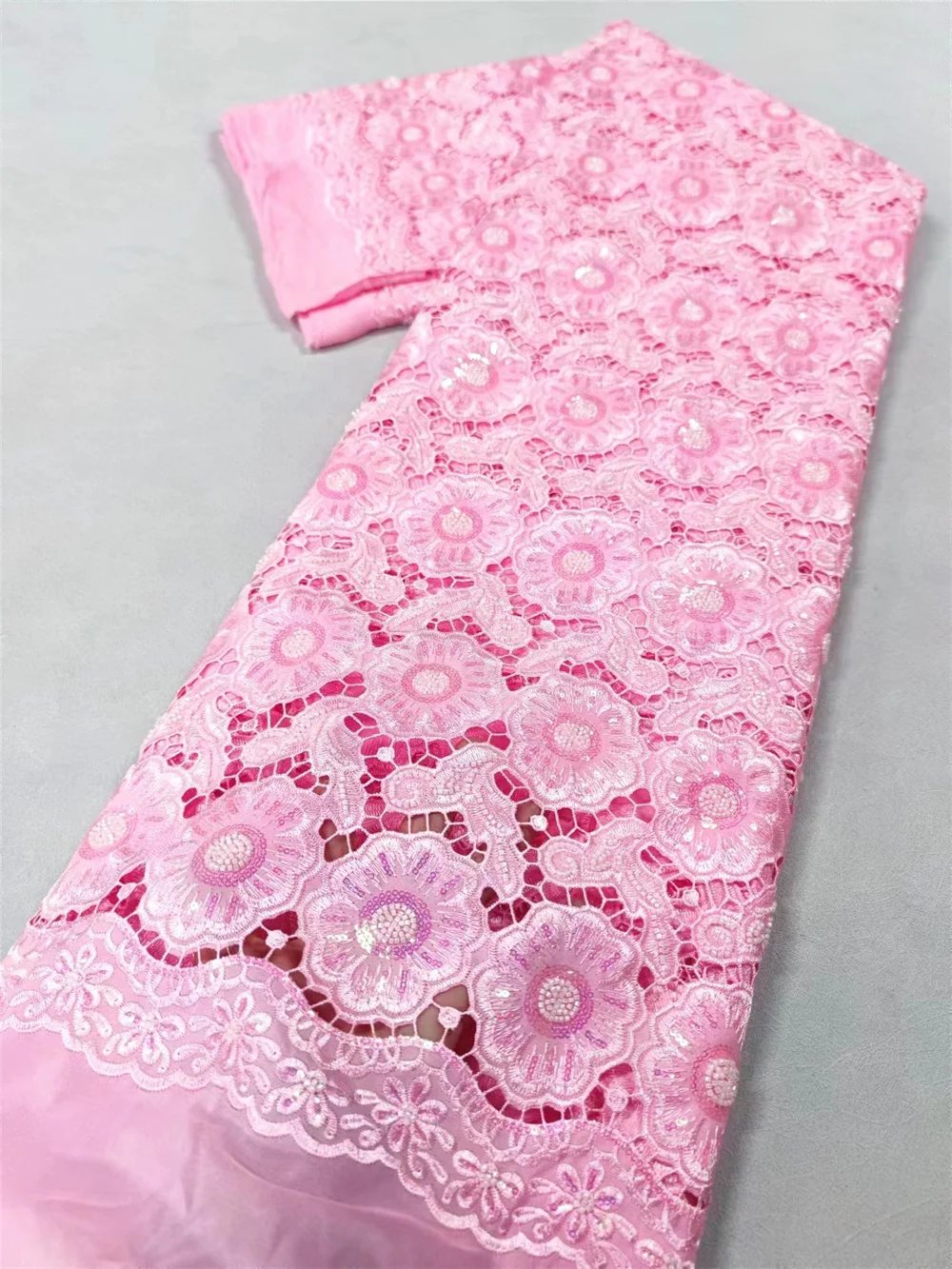 Hoh Lace High Quality 2024 Pink African Lace Fabric Stones High Quality Nigerian Cord Chiffon Lace Fabric For Woman DresWp439-1
