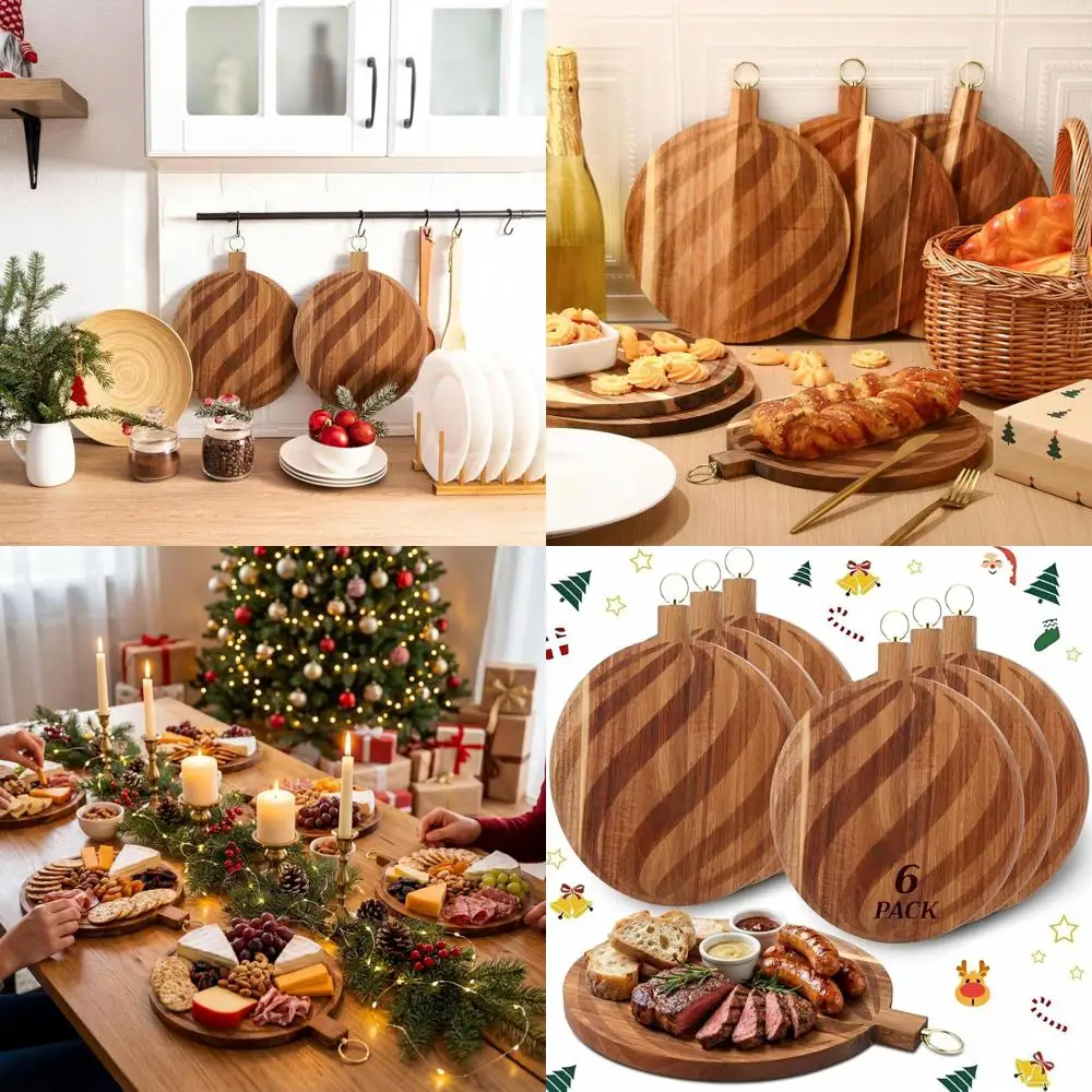 

6-Piece Christmas Charcuterie Set: Engraved Acacia Wood Candy Cane Boards with Handle, 10 Inch Round for Serving Pizza, Bread, C