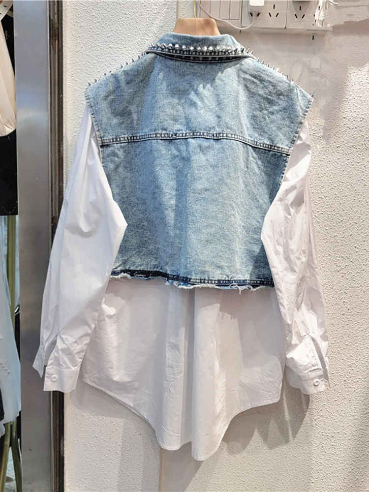 Imagem -05 - Deat-loose Patchwork Denim Shirt para Mulheres Falso Pcs Vest Flares Bordados Coração Blusa Rebite Nova Moda 29l7000 Outono 2024