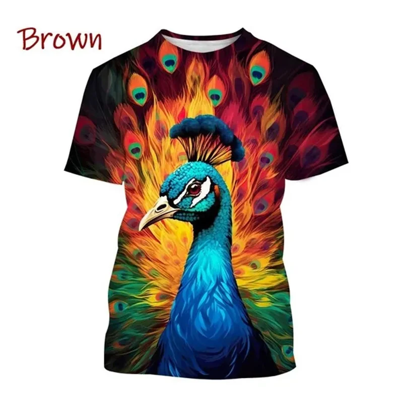 New Peacock 3D Printing Men's And Women's Fashion T-shirt Animal Color Feather Fan Printing O Neck Short-sleeved Casual Tops