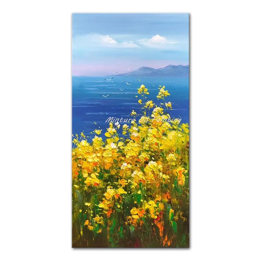 

Mintura Large Size Handmade Artwork Handpainted Oil Painting on Canva Beautiful Sea Scenery And Flowers Home Decoration Wall Art