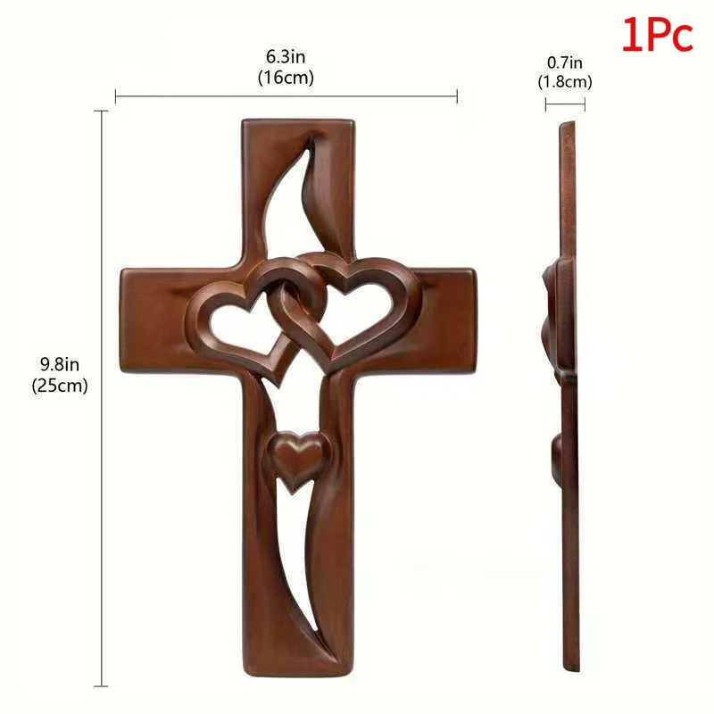 1Pc Hand-Carved Intertwined Hearts Cross Wall Decoration Rustic Wooden Double Hearts Cross Wall Sculpture Religious Decor