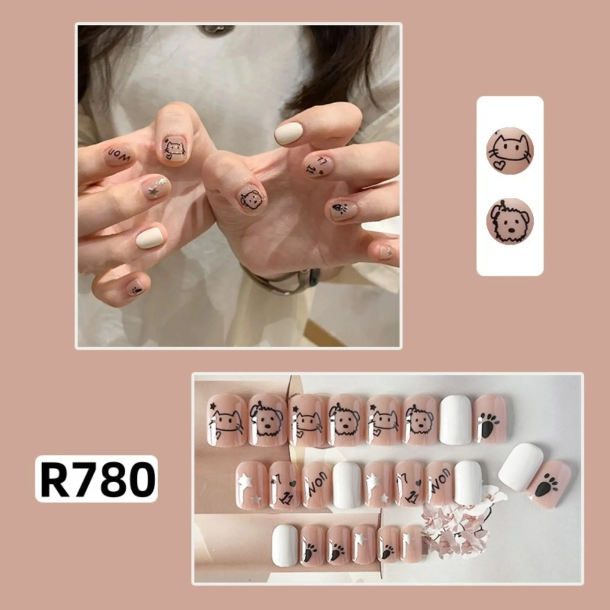 10pcs Cute Cat Dog Graffiti Hand Made Draw Short Cat Eye Fake Nails heart Decoration Reusable False Nails Kawaii Tips - Detail 1