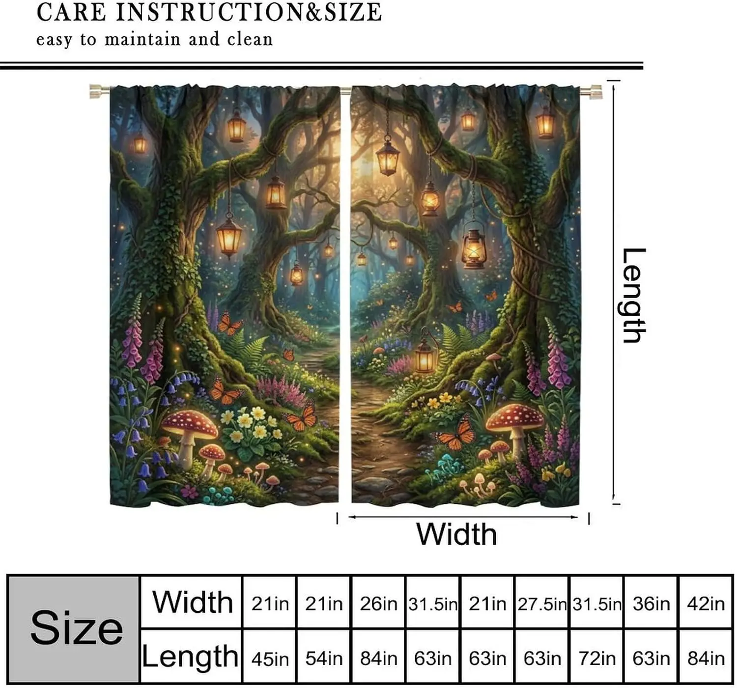 Magical Enchanted Forest Curtains Boho Cottagecore Window Drapes Fairy Tale Art Moss Lantern Background for Home Decor