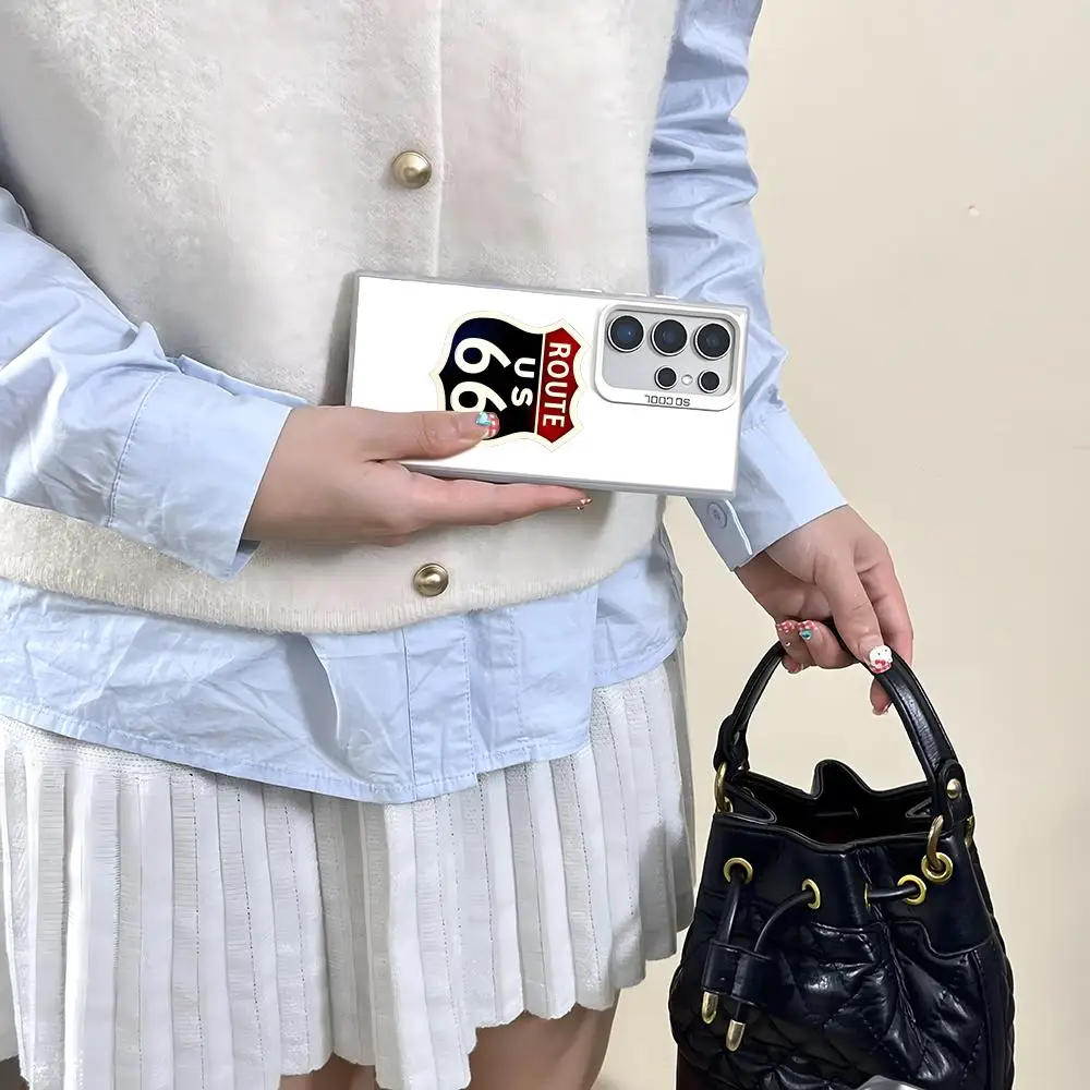 Funda de teléfono con logo de America Route 66 para Samsung Galaxy S25 Edge S24 S23 S22 S21 S20 Ultra Funda de silicona plateada