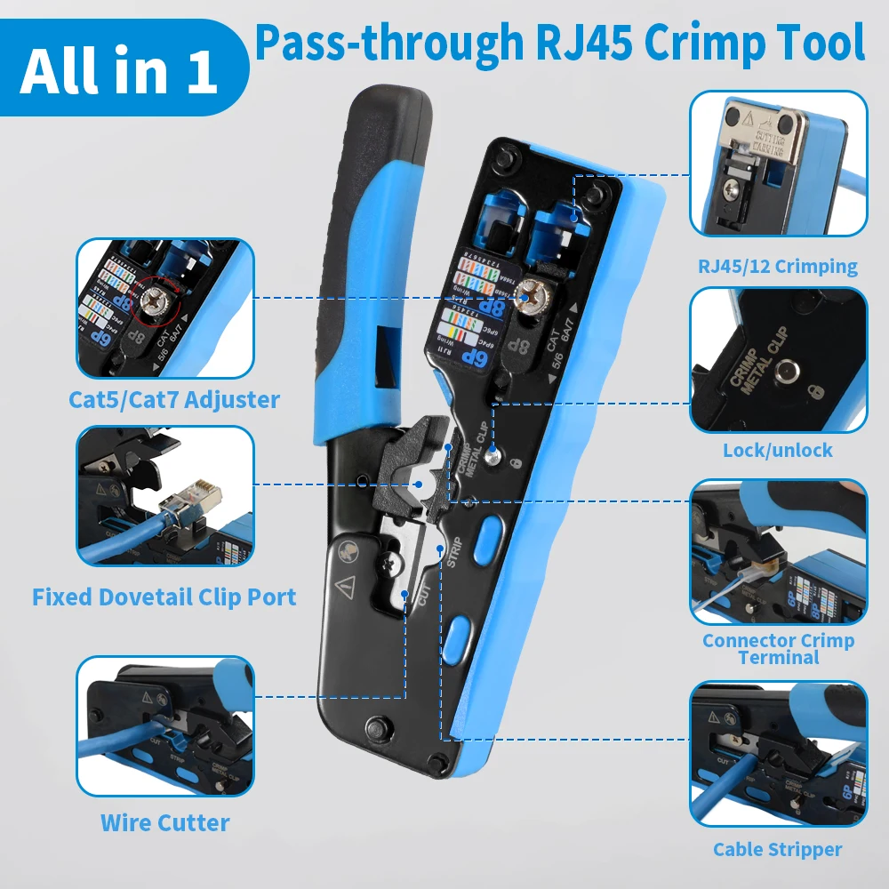 Pass Through RJ45 Crimp Tool Multi-Function for Cat7/6a/6/5e Ethernet RJ11 RJ12 Plugs Cut Strip Crimp Connectors