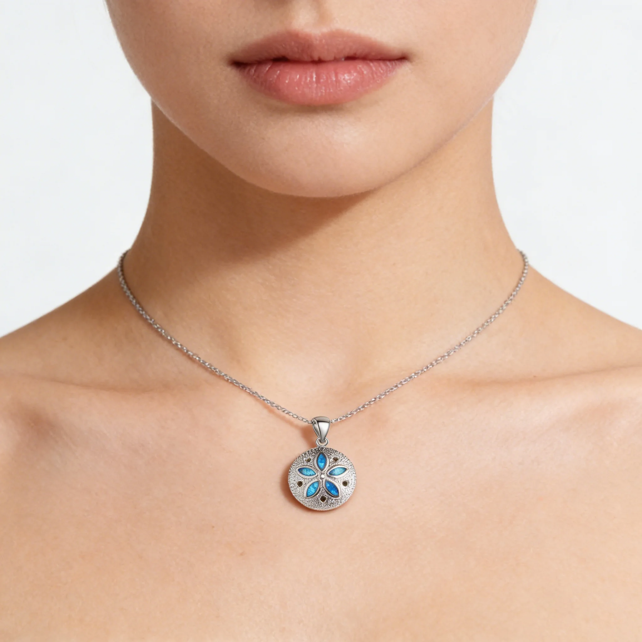 قلادة على شكل زهرة أوبال زرقاء، قلادة مطروقة فضية اللون مع نقاط منقطة، سلسلة مجوهرات بوهيمية بسيطة هدية للنساء #5
