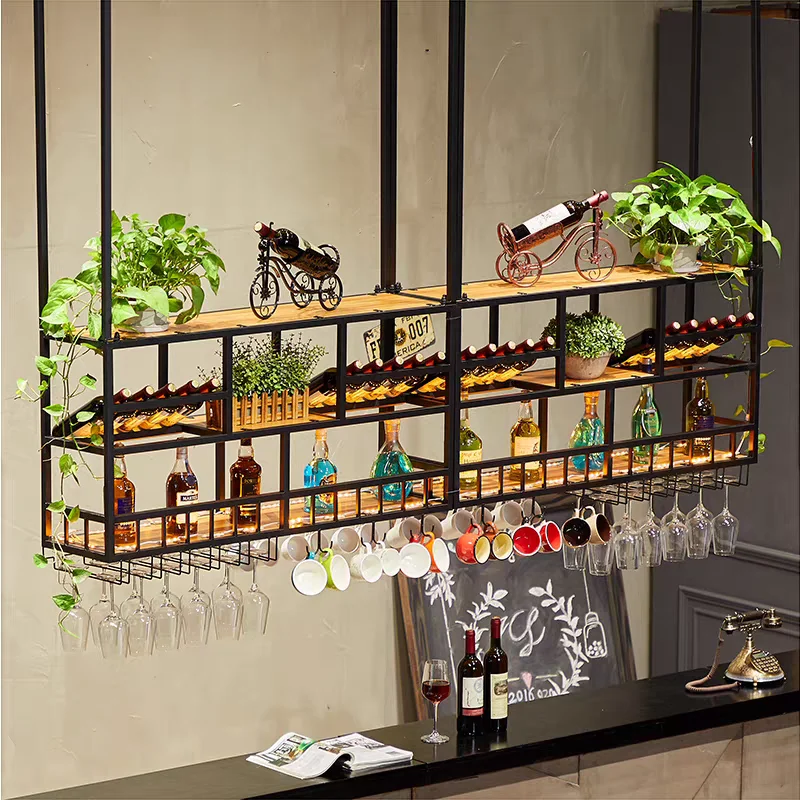 Bar restaurant industrial-style bar above iron hanger hanger wine rack hanging wine glass rack storage rack wine cabinet
