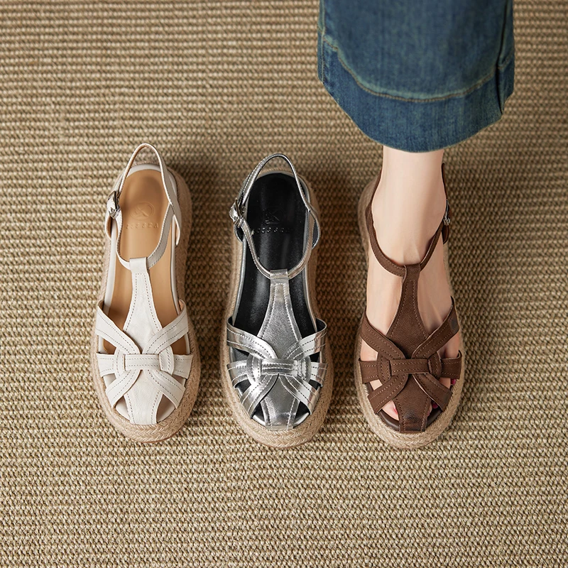 2025summer women sandals natural leather 22-25cm sheepskin+cowhide+pigskin women shoes ankle-buckle cross-strap platform Sandals