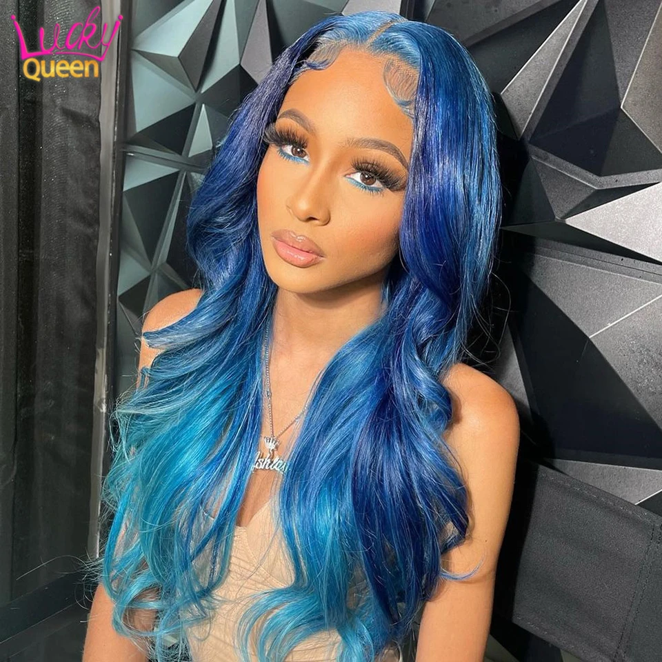 13x6 13x4 Omber Blue Lace Frontal Wigs Pre Plucked Transparent Body Wave Lace Front Wigs Remy Hair For Women 180 Density