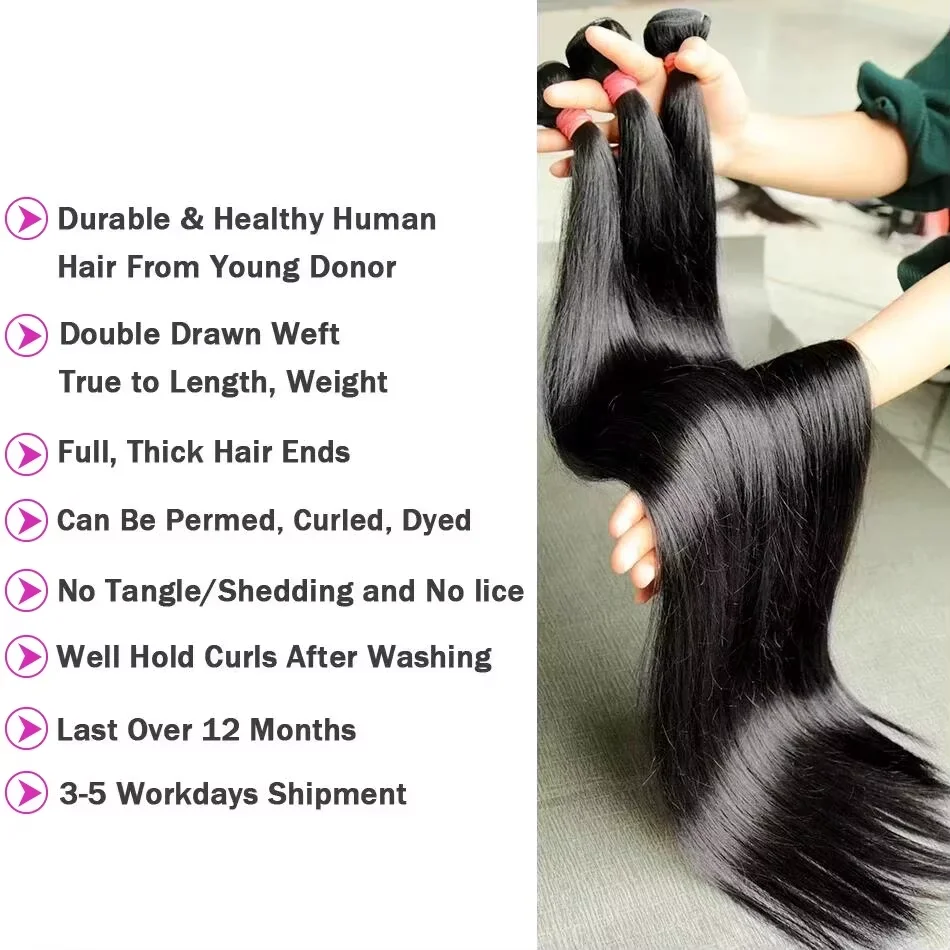 Straight Bundles Human Hair Brazilian Hair Weave Bundles 1/3/4 Bundle Deals Human Hair Extensions Natural & Jet Black