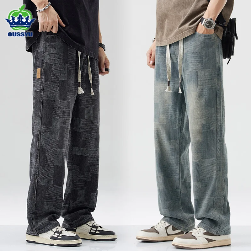 

Luxury Quality Retro Blue Cotton Plaid Men's Jeans Hip Hop INS Loose Wide Leg Denim Pants Jacquard High Street Y2K Trousers Male