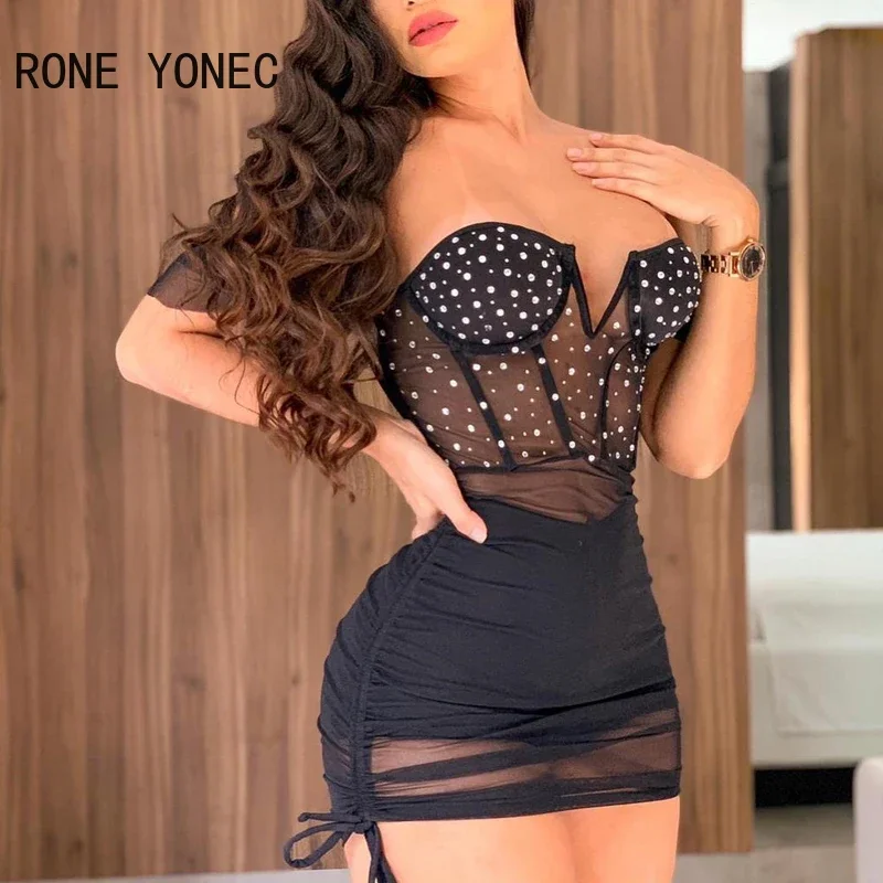 Women Solid Sexy Off Shoulder Rhinestone Mesh Patchwork Bodycon Mini Sexy Party Dresses Set