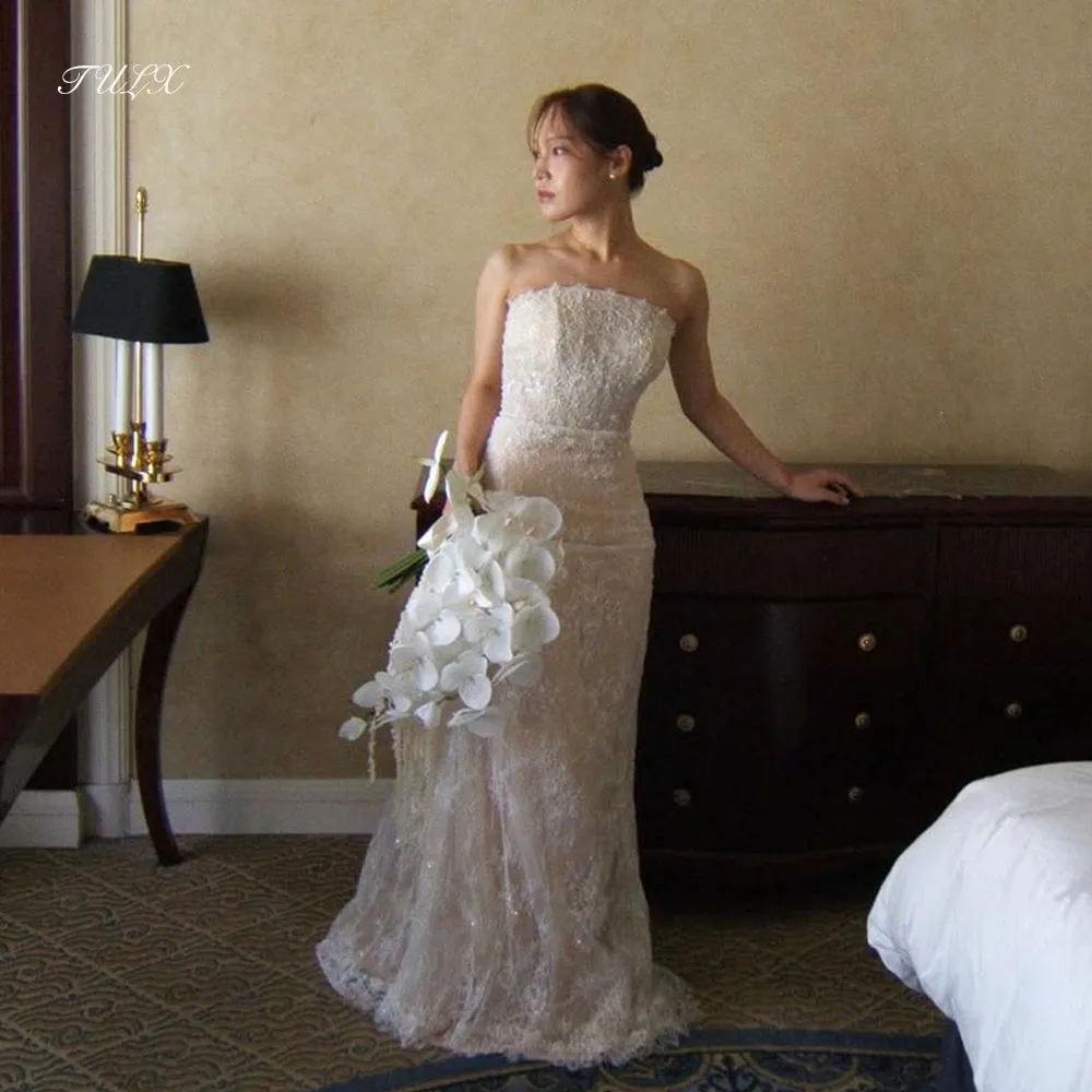 TULX Luxury Sparkly Lace Wedding Dress Korea Photo Shoot Strapless Mermaid Long Bridal Gowns Corset Customized 웨딩드레스 2025