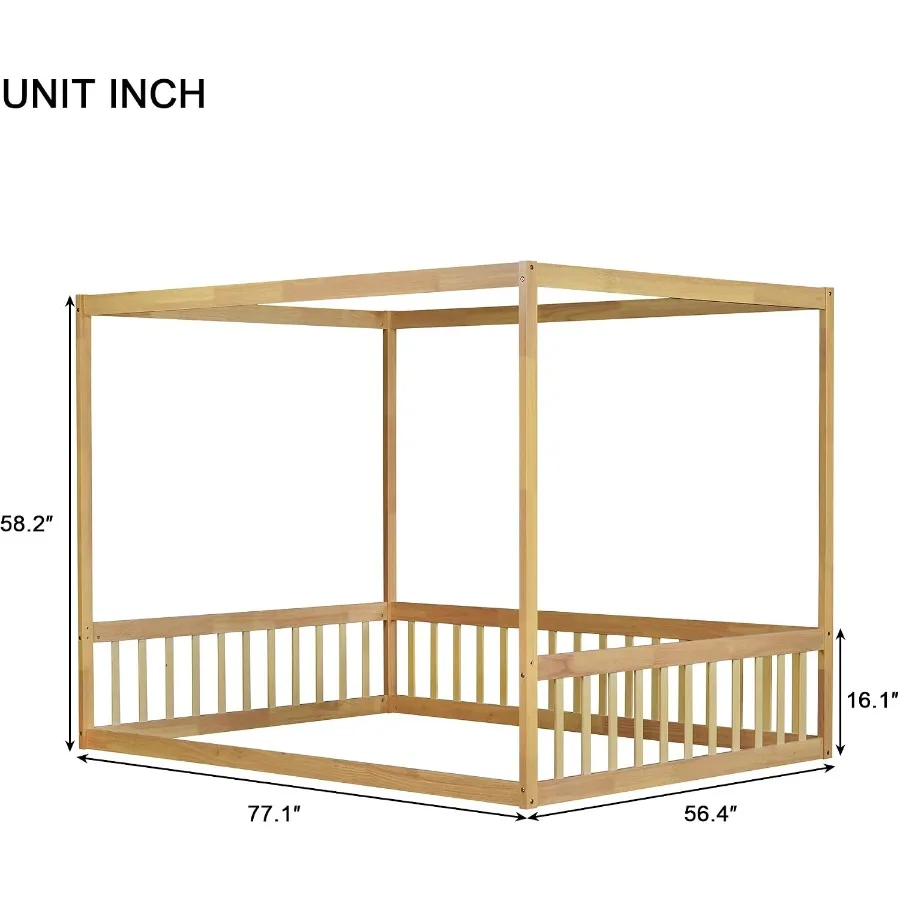 Full Size Montessori Floor Bed for Home Use, Solid Wood, Natural Finish, No Box Spring Needed