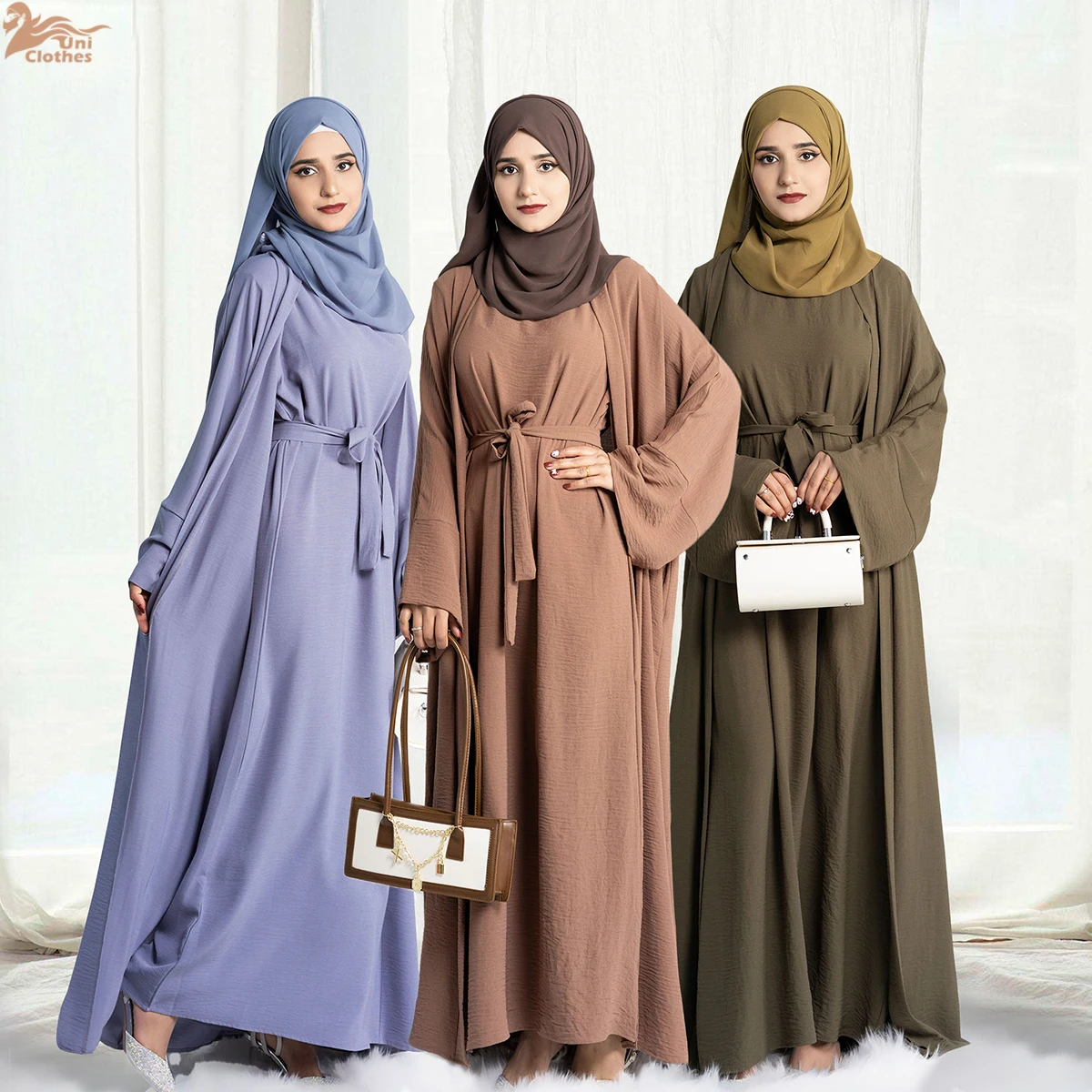 

Uni Solid Color 2pcs Set Abaya Dubai Women Islamic Clothing Muslim Dress Inner Slip Dress With Modest Open Abaya