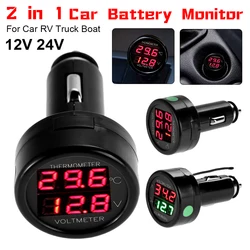 12V 24V cyfrowy termometr woltomierz samochodowy zapalniczka 2 w 1 miernik temperatury monitorowanie baterii napięcia wykrywacz napięcia