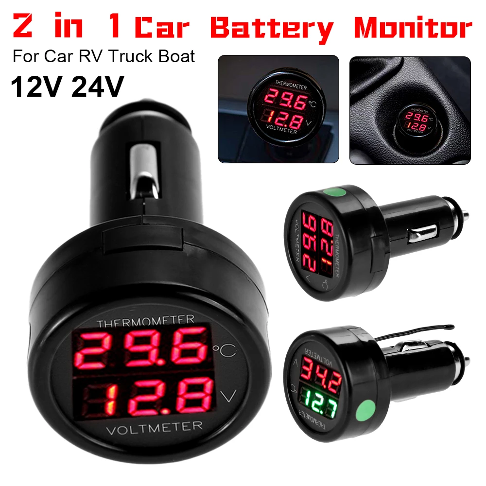 12V 24V Digital Car Voltmeter Thermometer Cigarette Lighter Style 2 in 1 Battery Monitor Voltage Temperature Meter Volt Detector