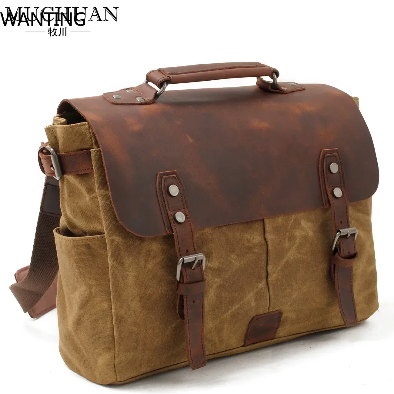 ヴィンテージバティックキャンバスとクレイジーホースレザーブリーフケースハンドバッグメンズバッグビジネストラベルショルダークロスボディバッグ