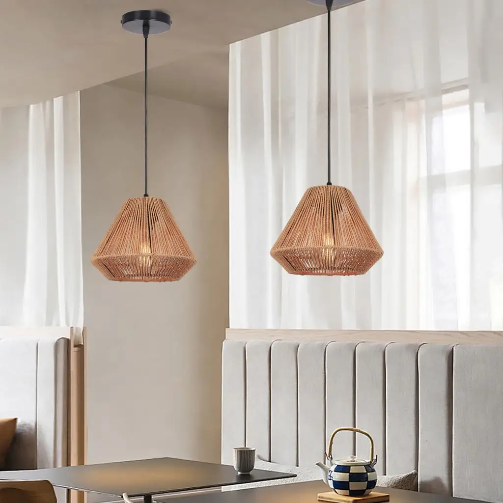 Boho Rattan Pendant Light Fixture Vintage Industrial Hand Woven Hemp Rope Hanging Lamp Retro Wicker Basket Ceiling Chandelier