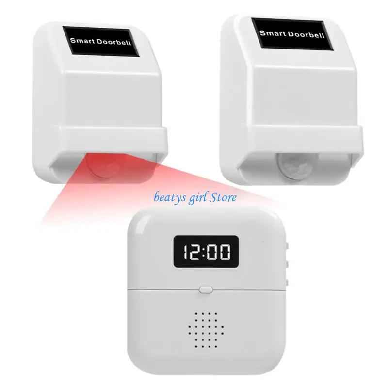 

C7AB Wireless Motions Activated Doorbells Alarm with Digital Clock & Adjustable Sound UK Standard for Elderly Care Monitoring