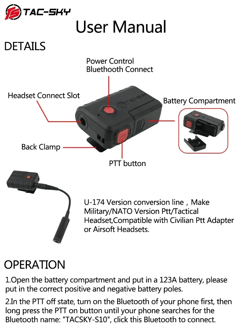 TAC-SKY COMTA Tactical Airsoft Shooting Headset Ptt Bluetooth adapter for PELTO MSA  AMP Tactical Headset Hunting Headphones