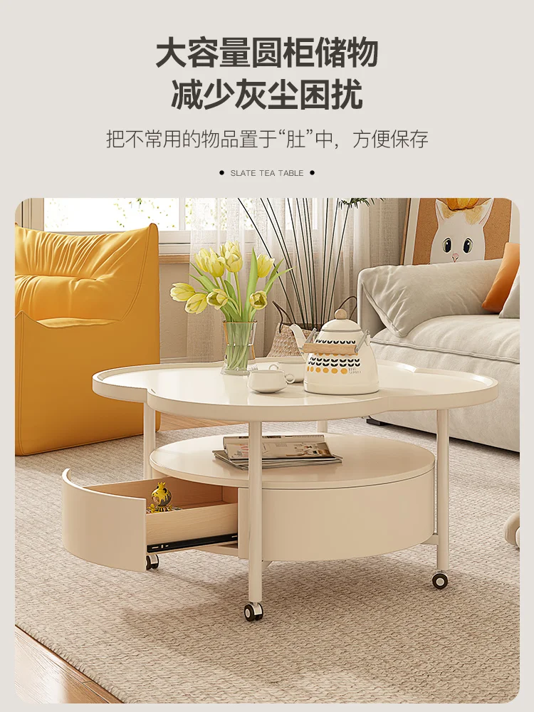 Cream style coffee table, small unit living room, household with wheeled movable balcony