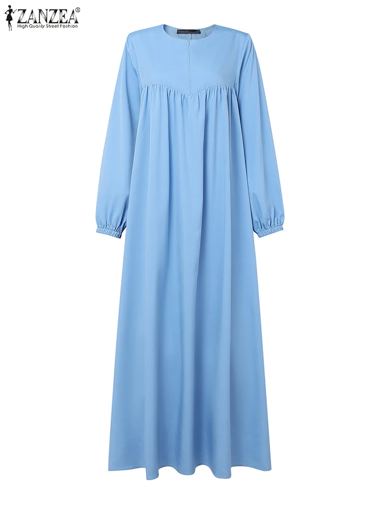 

ZANZEA Hijab O-Neck Islamic Abaya Robes Long Sleeve Holiday Womens Solid Vestidos Muslim Modest Casual Loose Eid Maxi Dresses