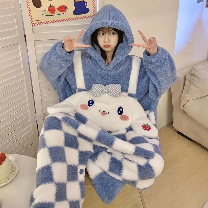 

Утепленная зимняя цельная одежда Sanrio для девочек, каваи, Cinnamoroll, комикс, сохраняющий тепло, халат, модная одежда для отдыха, новинка