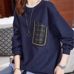 Simplicity Autumn Winter New Women's O-Neck Lace Pockets PatchworkFake Two Pieces Fashion Long Sleeve Pullovers Sweatshirts Tops