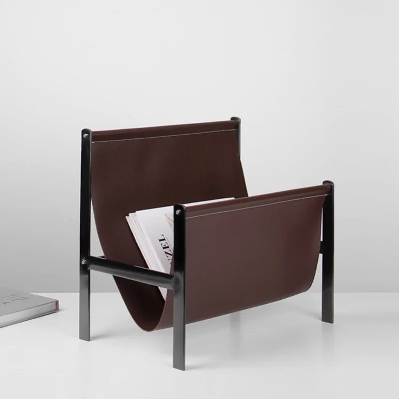 

Modern light luxury metal leather magazine rack newspaper shelf study storage rack model room home soft decoration