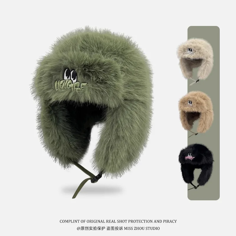 

Корейские нишевые плюшевые шапки-бомберы с мультяшной вышивкой для мужчин и женщин, зимние уличные лыжи, термозащитные шапки для ушей, кепки для пилотов