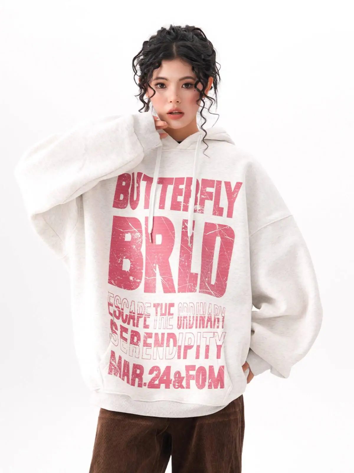 2025 Autumn New! BWKA Women's American Retro Hoodie  Distressed Letter Print  Heavyweight Streetwear  Loose Navy Blue