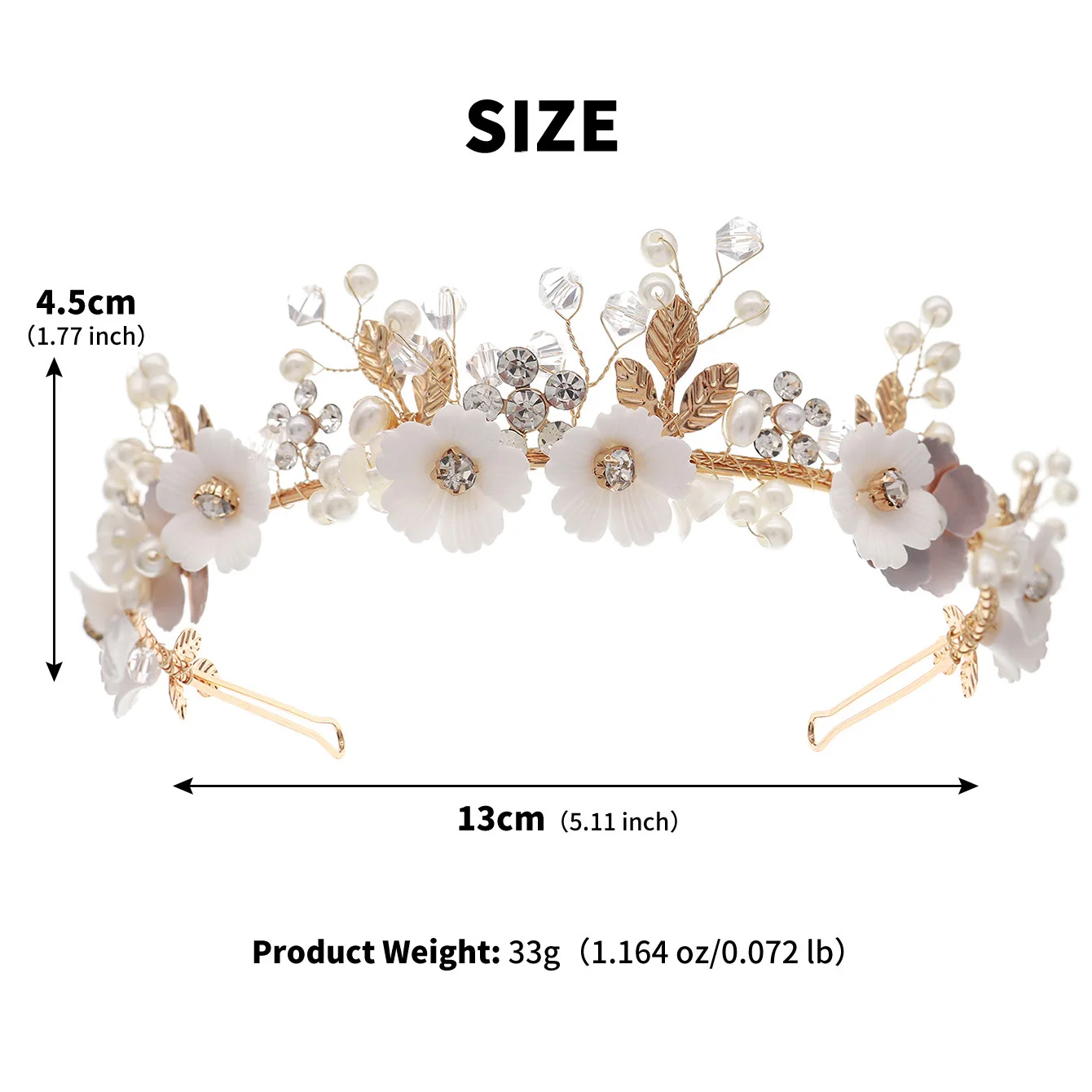 Vintage Gold Flower Leaf Headband Bridal Tiara Hair Accessories for Women Floral Bridal Headband, Ivory Clay Flowers, Gold Leaves  main image 3