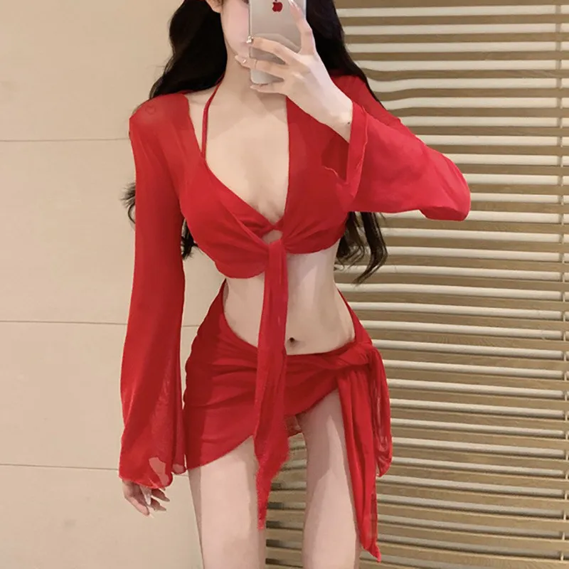 2025年夏 レッドセクシービキニ スプリット水着 長袖 日焼け止め レディース スイート水着 4点セット ビーチウェア ドレス