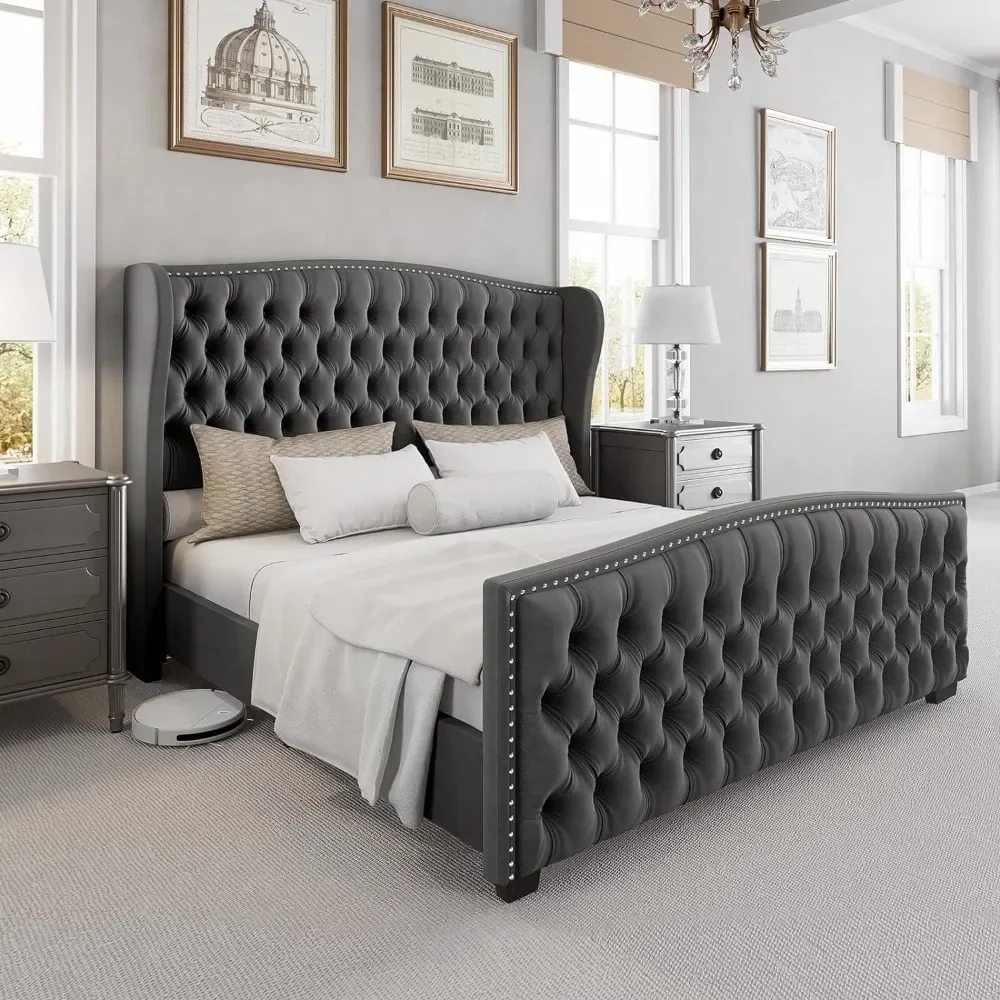 King Platform Bed Frame with Wingback Headboard, Velvet Upholstered Bed Frame with Handmade Button Tufted & Nailhead