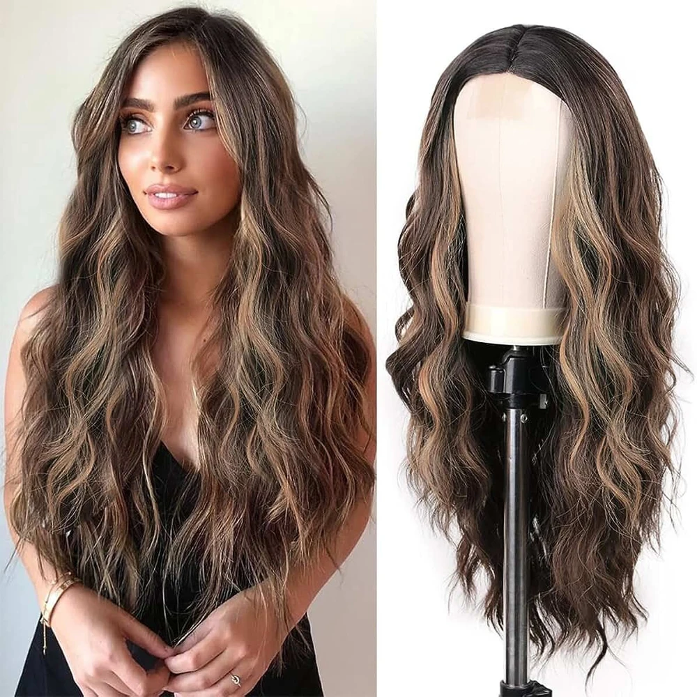 13x4 Synthetic Lace Front Wig Deep Curly 26 Inch Ombre Brown Blonde Highlight