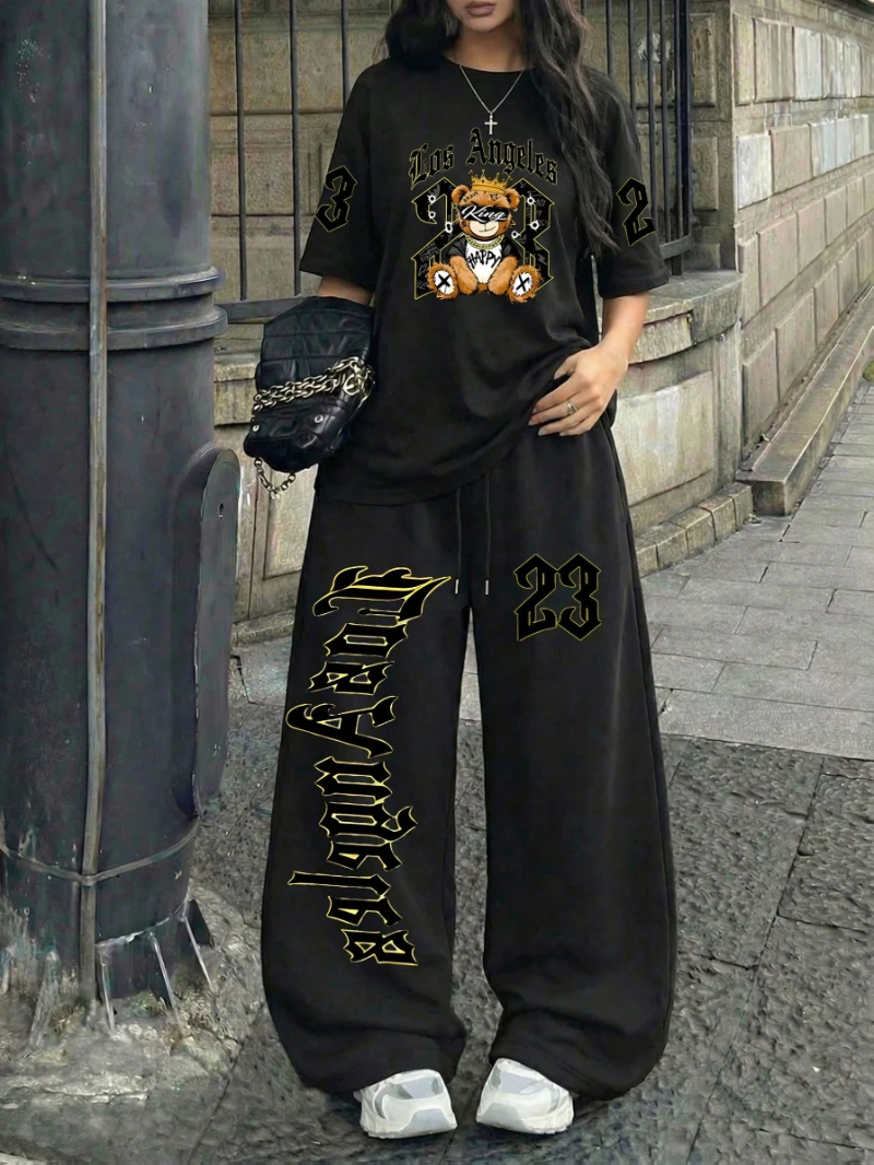 Women'S Casual Street Style Cool Bear No. 23 Print Round Neck Loose Drawstring Long Pants Suitable for Summer Street Wear