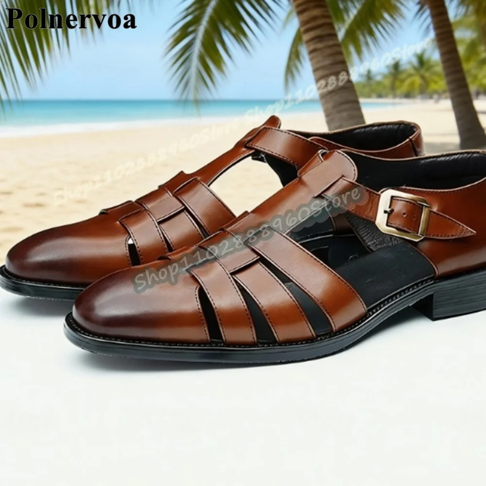 

Trending Brown Leather Woven Belt Buckle Strap Men Sandals Flats Casual Shoes For Men Party Fashionable Catwalk 2026 Men Sandals