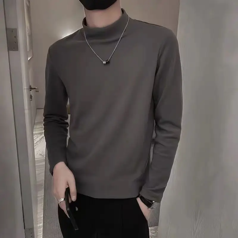 Camisetas ajustadas de manga larga para hombre, ropa cómoda de cuello alto, Color sólido, moda informal, combina con todo, popular, guapo