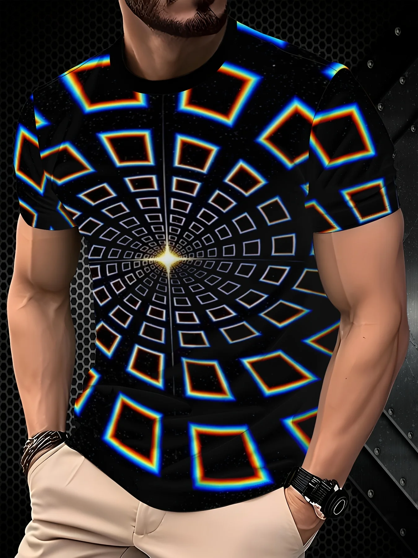 Men's 3D Vortex Square Optical Illusion Print T-Shirt O-Neck Short Sleeve Casual Streetwear Tops