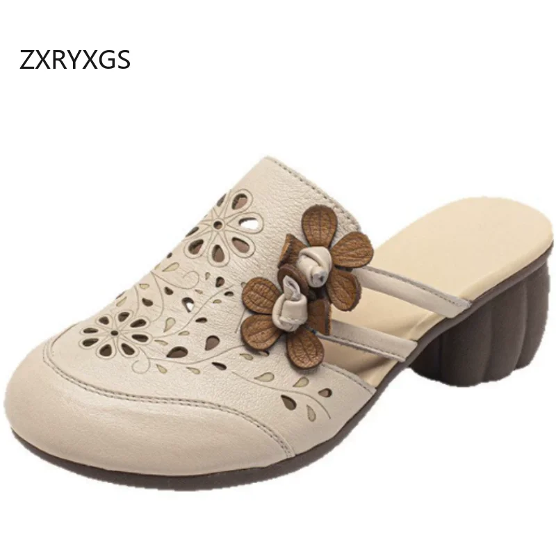 

ZXRYXGS Genuine Leather Hollow Round Toe Flowers Women Fashion Slipper 2026 New Trendy Summer Outerwear Slippers Thick Mid Heels